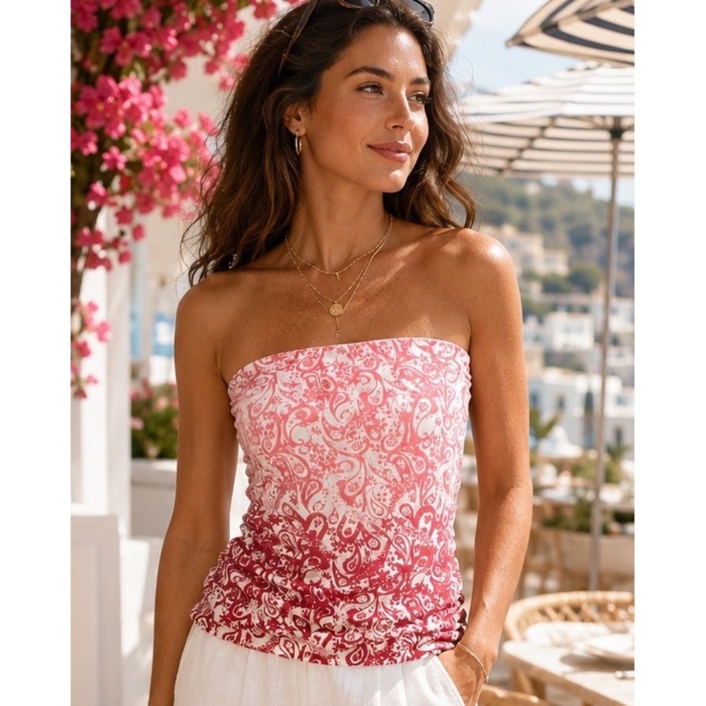 The Limited Strapless Paisley Tube Top‎ S Coral Pink Ombré Stretch Resort Y2K